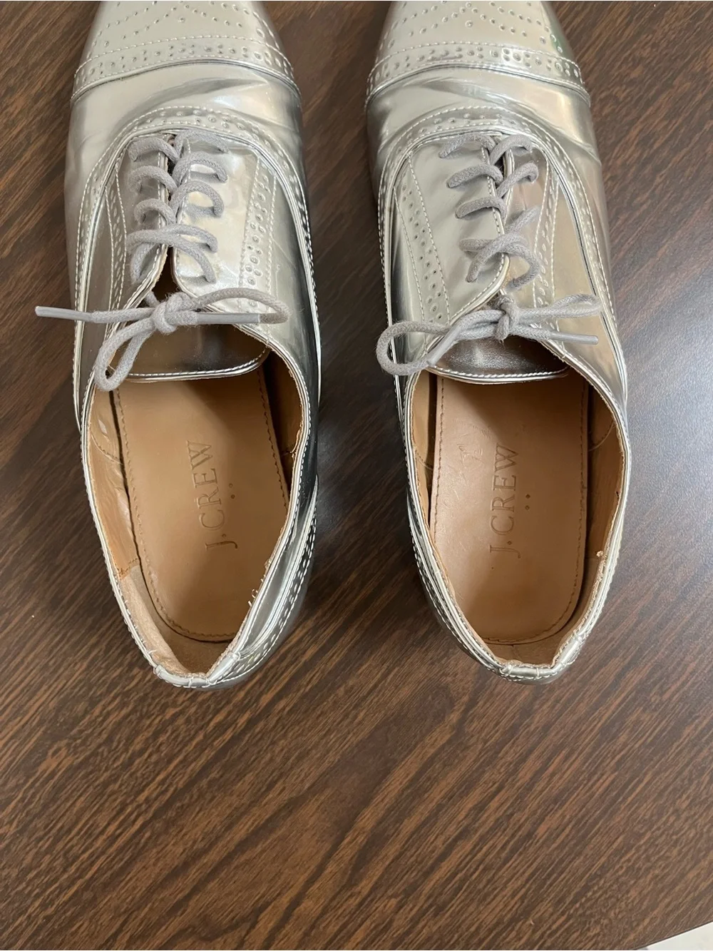 J.Crew Womens 7.5 Silver Metallic Leather Oxfords Cap Toe Brogue Lace Up